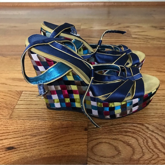 Joey O Blue Ribbon Detail Wedge Sandals - Picture 3 of 7